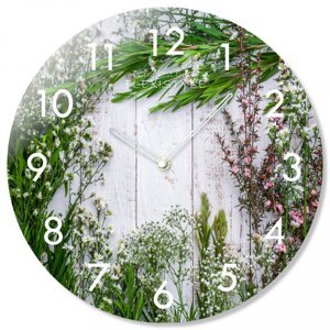 Kulaté skleněné hodiny 30 cm s bylinkami