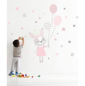Samolepka na zeď pro holčičku růžový zajíček s balónky 92 x 55 cm