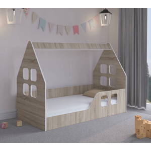 Dětská postel Montessori domeček 140 x 70 cm v provedení dub sonoma pravý