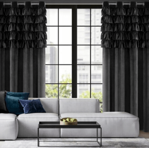 Elegantní sametový závěs zdobený volánem - černý Šířka: 140 cm | Délka: 250 cm