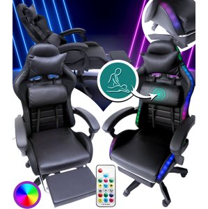 LED herní křeslo se sklopnou opěrkou nohou a masážní funkcí - černá