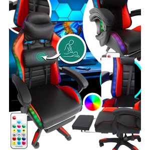 LED herní křeslo se sklopnou opěrkou nohou a masážní funkcí - červená